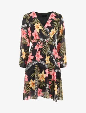 Robe mi-longue à imprimé tropical - Noir